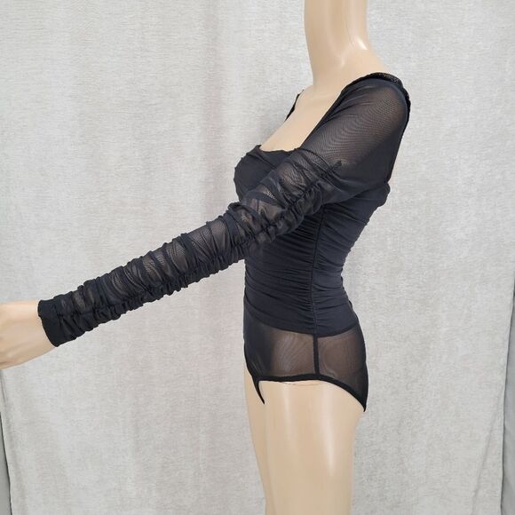 Thats so Fetch Long Sleeve Bodysuit Black Ruched Mesh Women's 4 - Picture 3 of 15